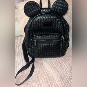 Disney Parks Loungefly Black Woven Faux Leather Mickey Mouse Ears Backpack